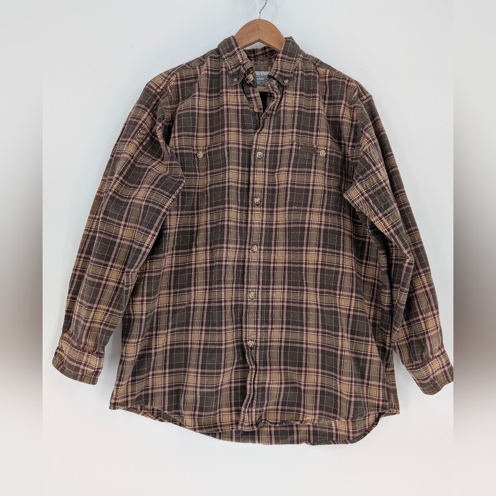 Carhartt Mens Brown Plaid Flannel Button Down Shirt Long Sleeve S151DKB Large